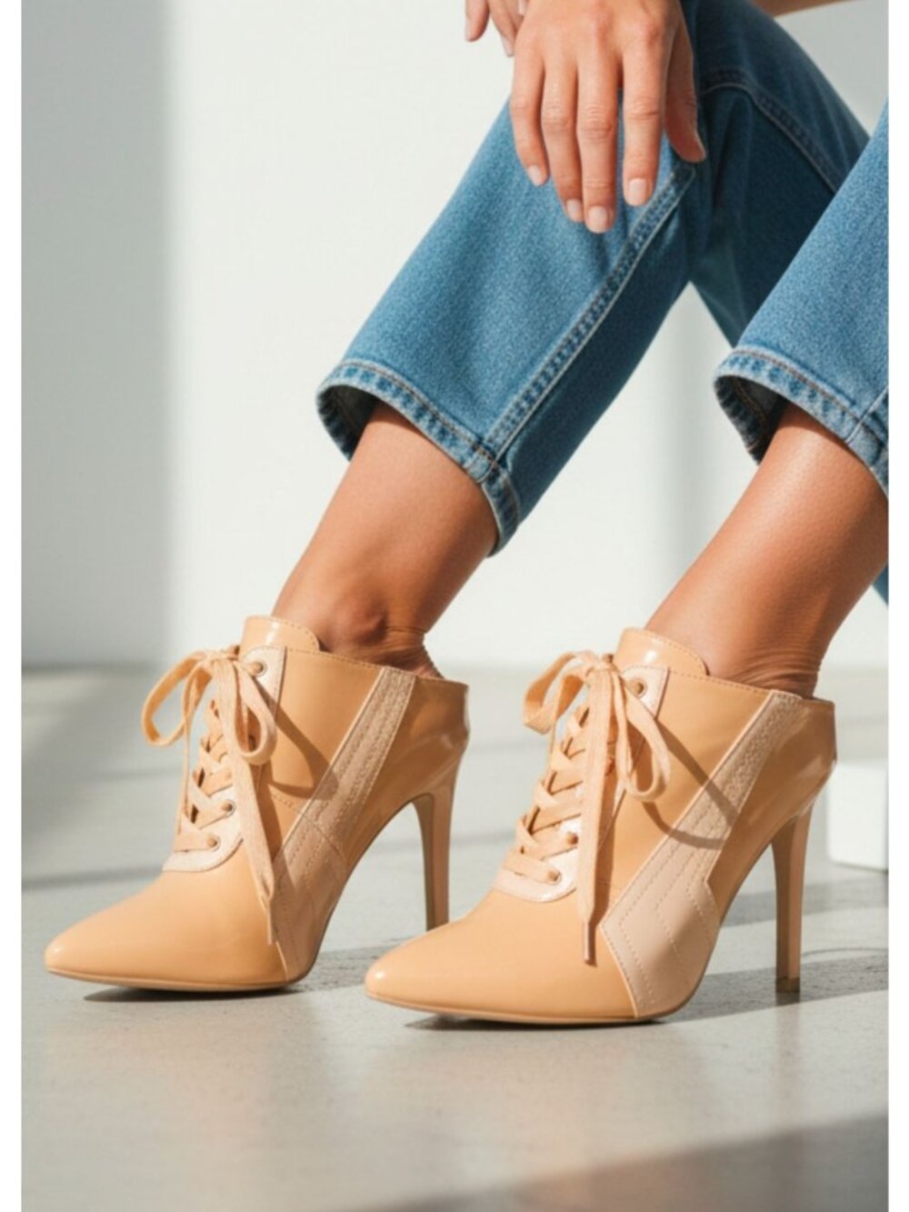Nude Lace-Up Pointed Toe Stiletto Heels For Women